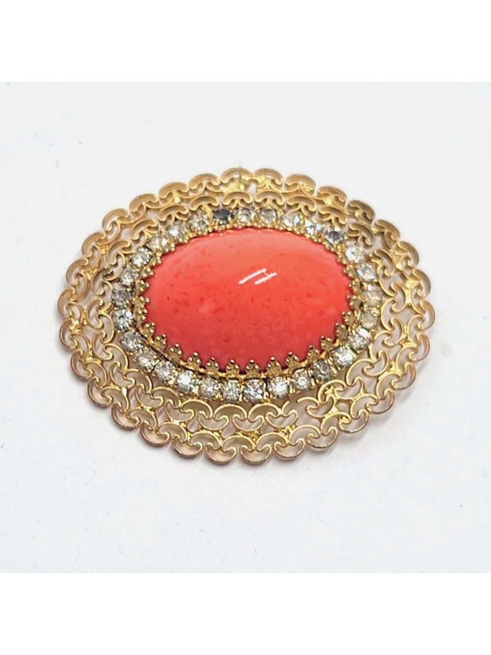 Hattie Carnegie Faux Red Coral Rhinestone Filigree Brooch Pin Gold Tone Signed